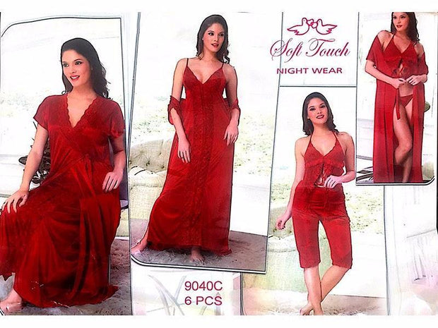 Red Bridal Bikini Nighty  - 6 Pcs Set - 9040C - Nighty Sets - diKHAWA Online Shopping in Pakistan