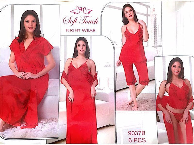 Hot Red Bridal Nighty Sets  - 6 Pcs Set - 9037B - Nighty Sets - diKHAWA Online Shopping in Pakistan