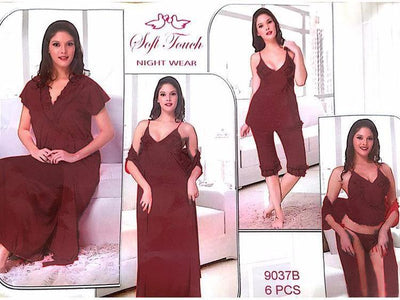 Hot Maroon Bridal Nighty Sets  - 6 Pcs Set - 9037B