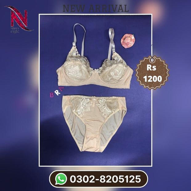 Bridal 3 Piece Bra Panty Set With Short Nighty - Purple at Rs