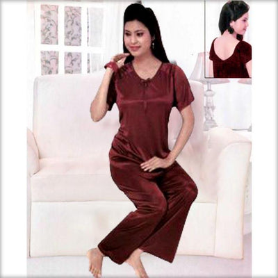 Maroon - FL-528 - Flourish 2 Piece Silk Nighty - Nighty - diKHAWA Online Shopping in Pakistan