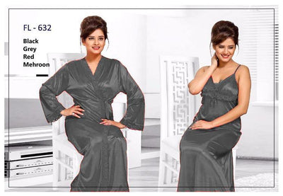 2 Pcs Grey FL-632 - Flourish Exclusive Bridal Nighty Set Collection