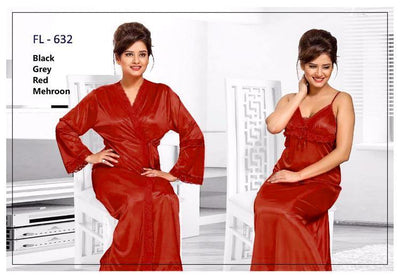 2 Pcs Maroon FL-632 - Flourish Exclusive Bridal Nighty Set Collection