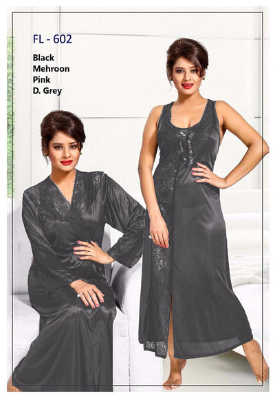 2 Pcs FL-602 - Grey Flourish Exclusive Bridal Nighty Set Collection