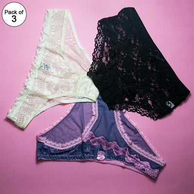 Pack of 3 Mix Design Net Panty - Women Mix Design Net With Lace Panty