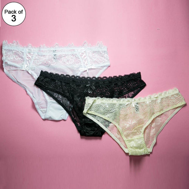Pack of 3 - Fancy Panties For Women - Black, Skin, White