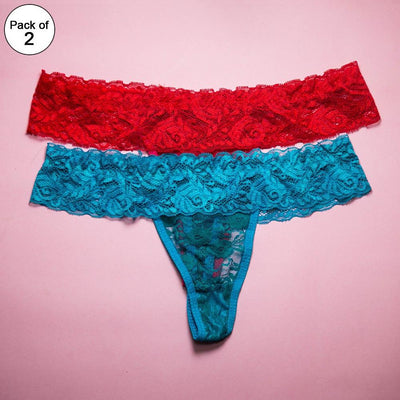 Pack of 2 - Women's Sexy Intimate Lace Thong Panty Extreme Look - Red & Firozi