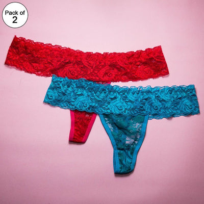 Pack of 2 - Women's Sexy Intimate Lace Thong Panty Extreme Look - Red & Firozi