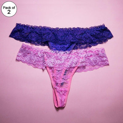 Pack of 2 - Women's Sexy Intimate Lace Thong Panty Extreme Look - Purple & Pink