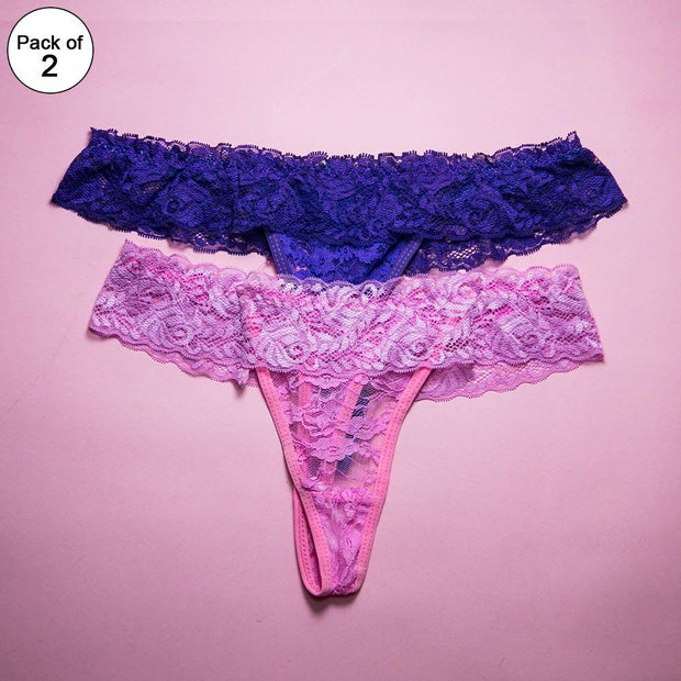 Pack of 2 - Women's Sexy Intimate Lace Thong Panty Extreme Look - Purple & Pink
