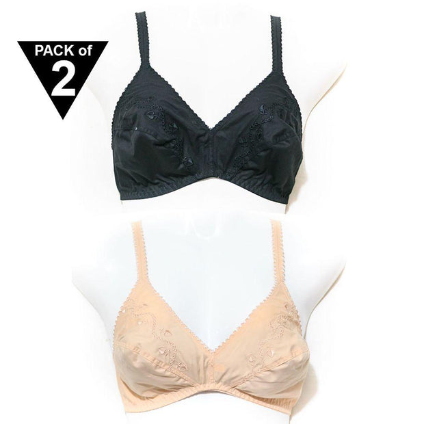 Pack of 2 Cotton Bra – Daily Wear Bra – Black & Skin Bra - Non Padded - Non Wired - Bras - diKHAWA Online Shopping in Pakistan