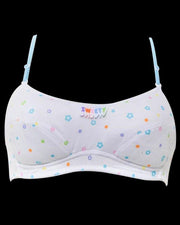 College Girl White Bra with Colorful Flowers - Cotton Bra