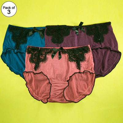 Pack of 3 - Soft Cotton Panty With Lace - Flourish Mix Colors Soft Cotton Panty - 9707