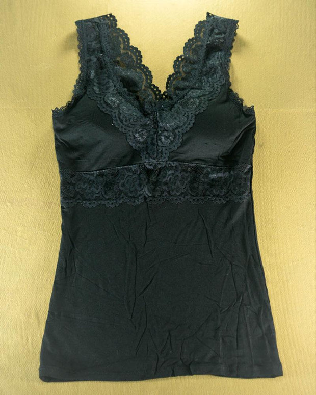 Premium Embroidered Camisole Padded With Lace - Black Color - 8783