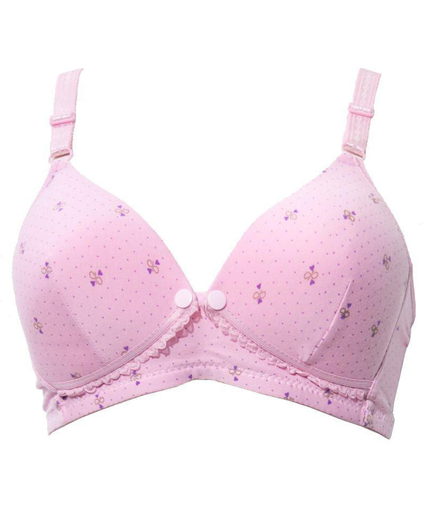 Front Open Bra with Button - Soft Padded Non Wired Bra - Pink Flower - Bras - diKHAWA Online Shopping in Pakistan