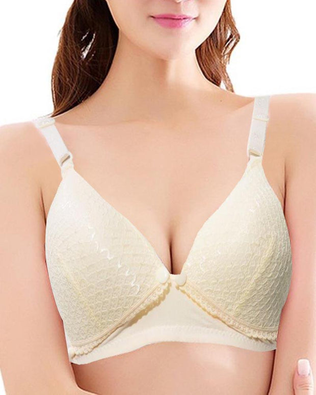 Front Open Bra with Button - Soft Padded Non Wired Bra - Yellow