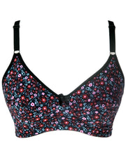 Women's Cotton Flower Print Black Bra - Non Padded Bra - 698