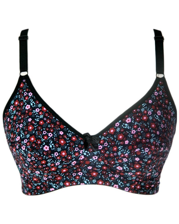 Women's Cotton Flower Print Black Bra - Non Padded Bra - 698