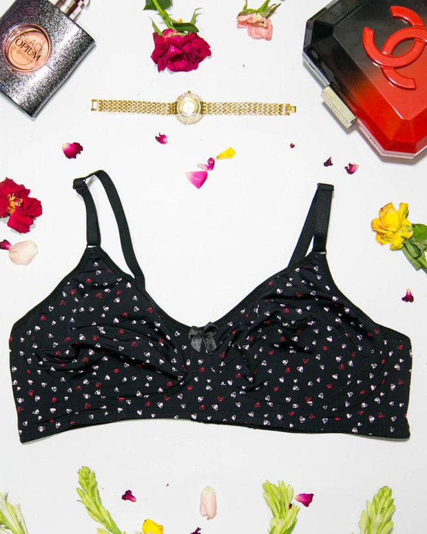Women's Cotton Printed Black Bra - Non Padded Bra - 700