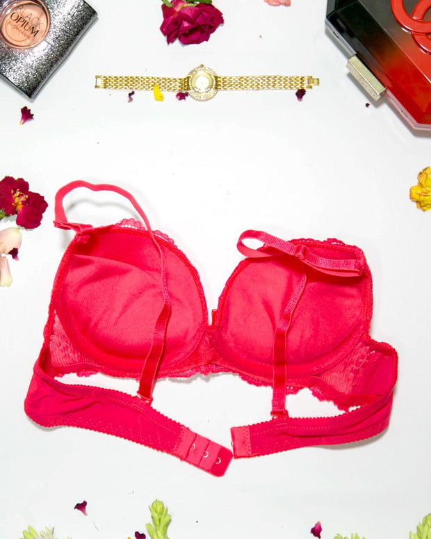 Bridal Lace Bra - Double Padded Underwire Bra - Hot Pink - 2899