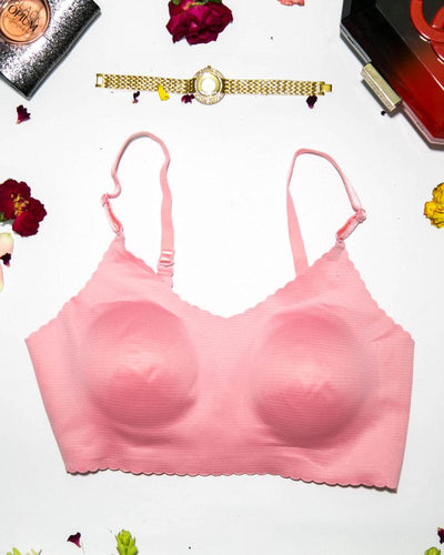 Self Design Cotton Single Padded Bra - Pink