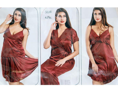 4 Pcs Wedding Nighty Set with Gown - 5538 - Silk Nighty By Soft Touch