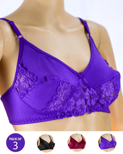 Pack of 3 - Madam Bra - JOY - Non Padded, Non Wired Bra, Soft Jersey Cotton Lace Bra