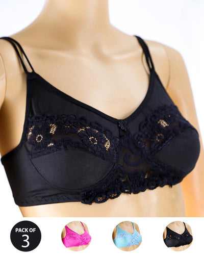 Pack of 3 - Madam Bra - BOE - Non Padded, Non Wired Bra, Soft Jersey Cotton Lace Bra