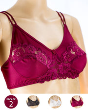 Pack of 2 - Madam Bra - BOE - Non Padded, Non Wired Bra, Soft Jersey Cotton Lace Bra