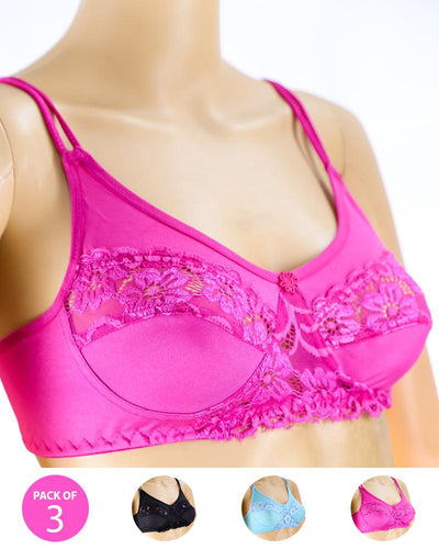 Pack of 3 - Madam Bra - BOE - Non Padded, Non Wired Bra, Soft Jersey Cotton Lace Bra