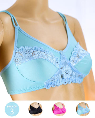 Pack of 3 - Madam Bra - BOE - Non Padded, Non Wired Bra, Soft Jersey Cotton Lace Bra