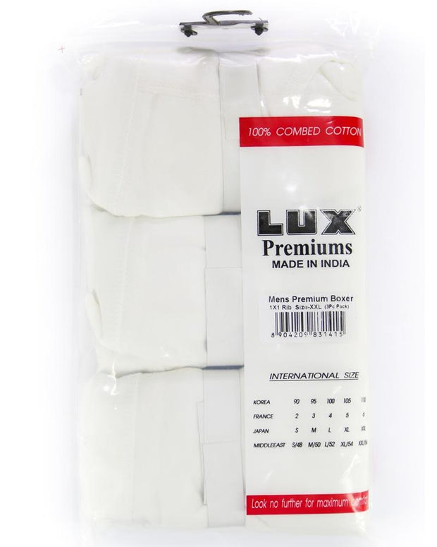 Pack of 3 - LUX Premium Mens Boxers - White Cotton Boxers