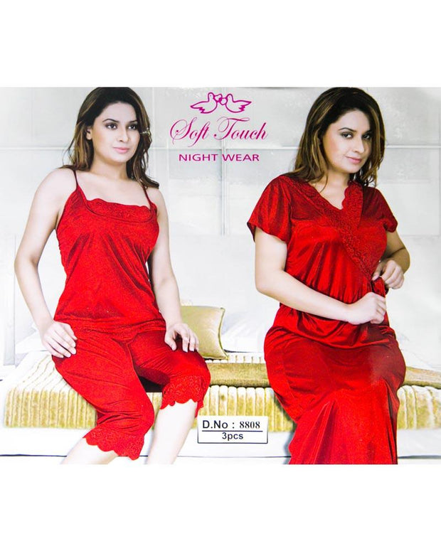 Red Soft Touch Bridal Nighty Set - 3 Pcs Set 8808