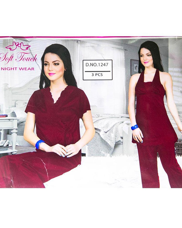 Maroon Soft Touch Bridal Nighty Set - 3 Pcs Set 1247