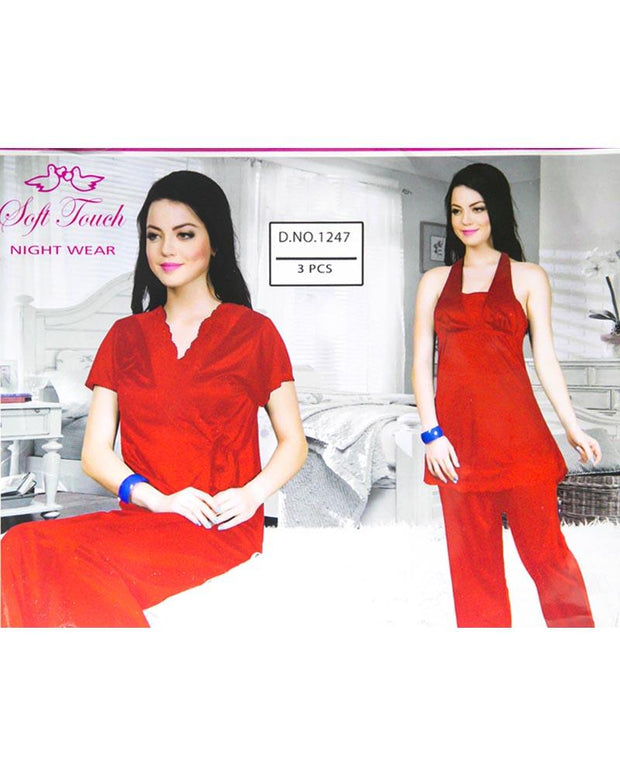 Red Soft Touch Bridal Nighty Set - 3 Pcs Set 1247