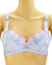 Embroidered Lace Bra - Grey & Pink - Bridal Bra - Non Padded Underwired Bra - Taiwan Bra - 2057