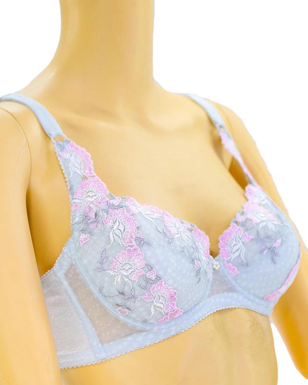 Embroidered Lace Bra - Grey & Pink - Bridal Bra - Non Padded Underwired Bra - Taiwan Bra - 2057