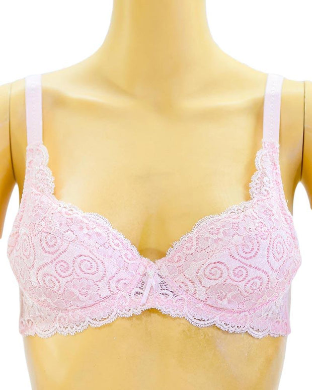 Embroidered Lace Bra - Pink - Bridal Bra - Non Padded Underwired Bra - Taiwan Bra - 40198