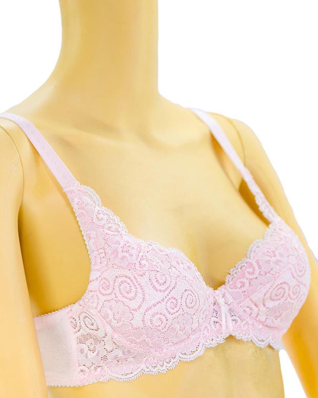 Embroidered Lace Bra - Pink - Bridal Bra - Non Padded Underwired Bra - Taiwan Bra - 40198