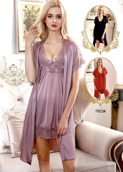 3 Pcs Sexy Slik Short Nighty With Gown - 7603