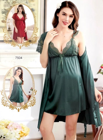 3 Pcs Sexy Short Nighty With Gown - 7504