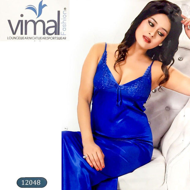 2 Pcs Nighty Set - Long Nighty with Gown - V12048 - Satin Silk Nighty by Vimal Fashion - Nighty Sets - diKHAWA Online Shopping in Pakistan