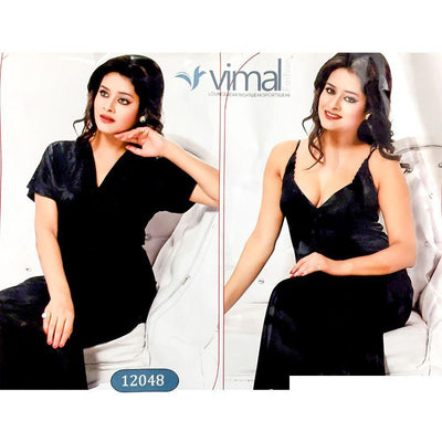 2 Pcs Black Nighty Set with Gown - V12048 - Satin Silk Nighty by Vimal Fashion - Nighty Sets - diKHAWA Online Shopping in Pakistan