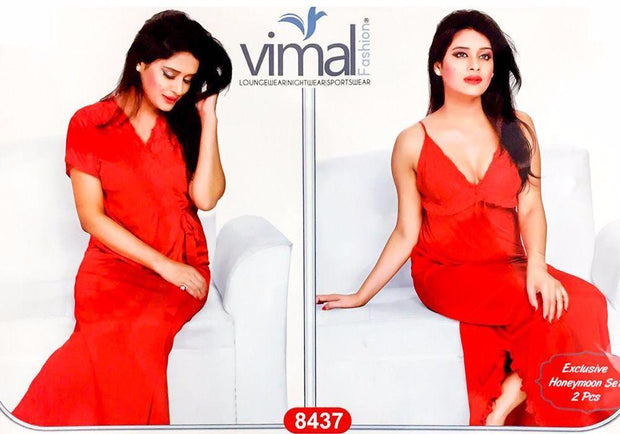 2 Pcs Princess Nighty Set with Gown - V8437 - Satin Silk Nighty by Vimal Fashion - Nighty Sets - diKHAWA Online Shopping in Pakistan