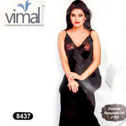 2 Pcs Black Nighty Set with Gown - V8437 - Satin Silk Nighty by Vimal Fashion - Nighty Sets - diKHAWA Online Shopping in Pakistan