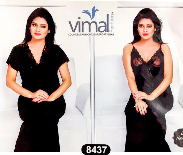 2 Pcs Black Nighty Set with Gown - V8437 - Satin Silk Nighty by Vimal Fashion - Nighty Sets - diKHAWA Online Shopping in Pakistan