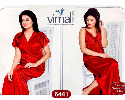 2 Pcs Silk Nighty Set with Gown - V8441 - Satin Silk Nighty by Vimal Fashion - Nighty Sets - diKHAWA Online Shopping in Pakistan