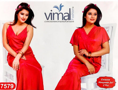 2 Pcs Red Nighty Set with Gown - V7579 - Satin Silk Nighty by Vimal Fashion - Nighty Sets - diKHAWA Online Shopping in Pakistan