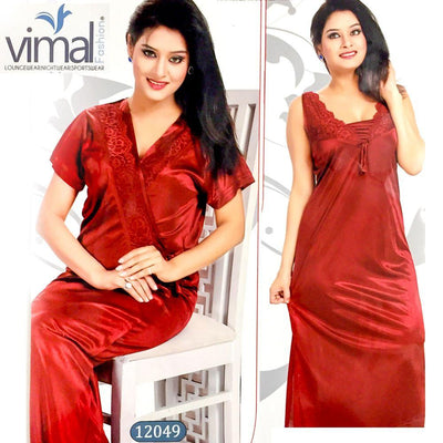 2 Pcs Red Long Nighty Set with Gown - V12049 - Satin Silk Nighty by Vimal Fashion - Nighty Sets - diKHAWA Online Shopping in Pakistan