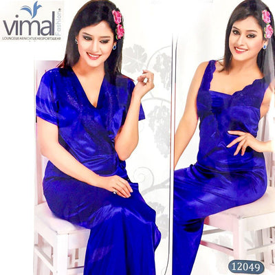 2 Pcs Blue Long Nighty Set with Gown - V12049 - Satin Silk Nighty by Vimal Fashion - Nighty Sets - diKHAWA Online Shopping in Pakistan